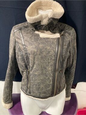 Ci Sono Faux Shearling Moto Jacket Distressed Brown Size S